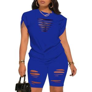 imagePINSV Women 2 Piece Outfits Summer Sweatsuits Biker Short Workout Jogger SetsBlue Cut Out
