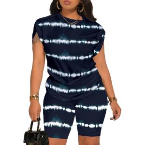 imagePINSV Women 2 Piece Outfits Summer Sweatsuits Biker Short Workout Jogger SetsDark Blue