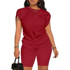imagePINSV Women 2 Piece Outfits Summer Sweatsuits Biker Short Workout Jogger SetsRed