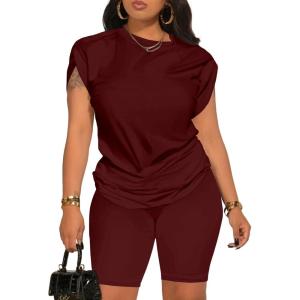 imagePINSV Women 2 Piece Outfits Summer Sweatsuits Biker Short Workout Jogger SetsWine
