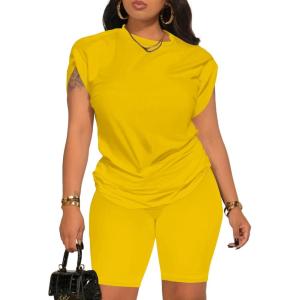 imagePINSV Women 2 Piece Outfits Summer Sweatsuits Biker Short Workout Jogger SetsYellow