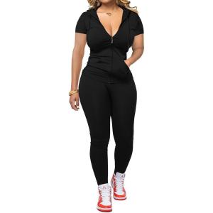 imagePINSV Women Two Piece Outfits Workout Sets Bodycon Tracksuit Short Sleeve Jogger SetBlack