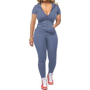 imagePINSV Women Two Piece Outfits Workout Sets Bodycon Tracksuit Short Sleeve Jogger SetGrayish Blue