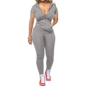 imagePINSV Women Two Piece Outfits Workout Sets Bodycon Tracksuit Short Sleeve Jogger SetGrey