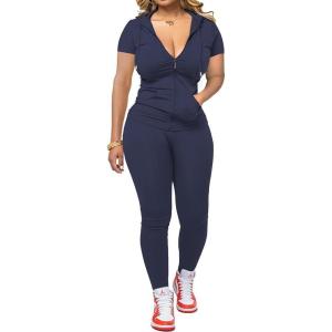 imagePINSV Women Two Piece Outfits Workout Sets Bodycon Tracksuit Short Sleeve Jogger SetNavy Blue
