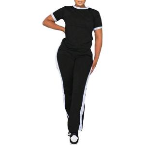 imagePINSV Womens 2 Piece Outfits Short Sleeve Tops Sweatpants Colorblock Lounge Sets TracksuitsBlack