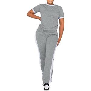imagePINSV Womens 2 Piece Outfits Short Sleeve Tops Sweatpants Colorblock Lounge Sets TracksuitsGray