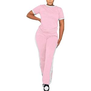 imagePINSV Womens 2 Piece Outfits Short Sleeve Tops Sweatpants Colorblock Lounge Sets TracksuitsPink