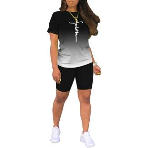 imagePINSV Womens 2 Piece Outfits Summer Printing Bodycon Short Pants Workout Sets24black