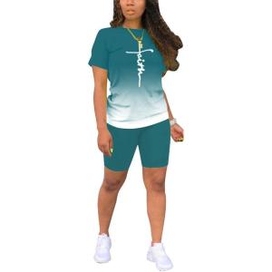 imagePINSV Womens 2 Piece Outfits Summer Printing Bodycon Short Pants Workout Sets24green Gradient