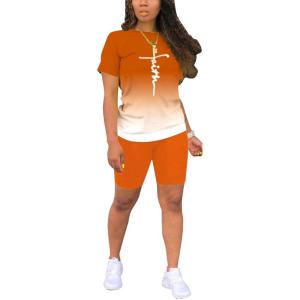 imagePINSV Womens 2 Piece Outfits Summer Printing Bodycon Short Pants Workout Sets24orange Gradient