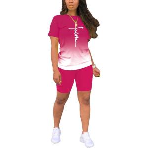 imagePINSV Womens 2 Piece Outfits Summer Printing Bodycon Short Pants Workout Sets24rose Red Gradient