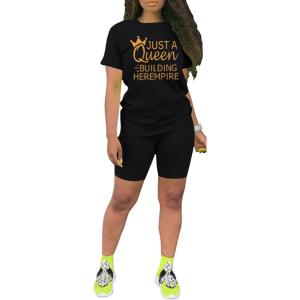 imagePINSV Womens 2 Piece Outfits Summer Printing Bodycon Short Pants Workout Sets25black