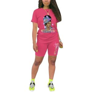 imagePINSV Womens 2 Piece Outfits Summer Printing Bodycon Short Pants Workout Sets28rose Red