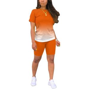 imagePINSV Womens 2 Piece Outfits Summer Printing Bodycon Short Pants Workout Sets5orange Gradient