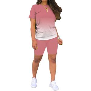 imagePINSV Womens 2 Piece Outfits Summer Printing Bodycon Short Pants Workout Sets5pink Gradient