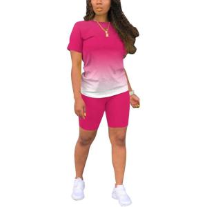 imagePINSV Womens 2 Piece Outfits Summer Printing Bodycon Short Pants Workout Sets5rose Red Gradient