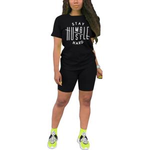 imagePINSV Womens 2 Piece Outfits Summer Printing Bodycon Short Pants Workout Sets9black