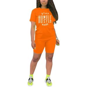 imagePINSV Womens 2 Piece Outfits Summer Printing Bodycon Short Pants Workout Sets9orange Print