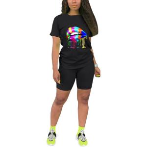 imagePINSV Womens 2 Piece Outfits Summer Printing Bodycon Short Pants Workout SetsAblack
