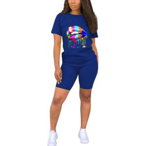 imagePINSV Womens 2 Piece Outfits Summer Printing Bodycon Short Pants Workout SetsAblue