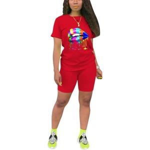 imagePINSV Womens 2 Piece Outfits Summer Printing Bodycon Short Pants Workout SetsAred