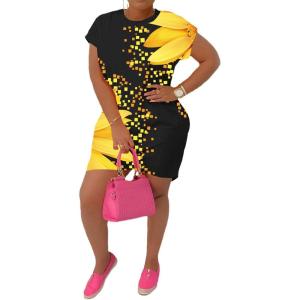 imagePINSV Womens Casual Summer T Shirt Dresses Short Sleeve Tunic Dress with PocketsYellow Flower Print