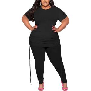 imagePINSV Womens Plus Size 2 Piece Outfits Sweatsuits Short Sleeve Jogger Sets TracksuitAblack