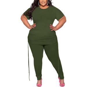 imagePINSV Womens Plus Size 2 Piece Outfits Sweatsuits Short Sleeve Jogger Sets TracksuitArmy Green
