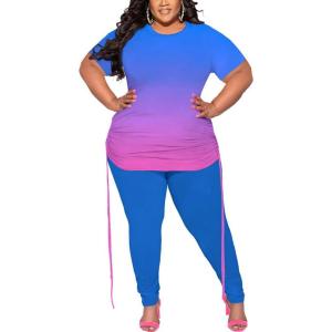 imagePINSV Womens Plus Size 2 Piece Outfits Sweatsuits Short Sleeve Jogger Sets TracksuitBblue Pink Gradient