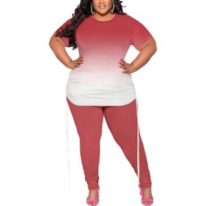 imagePINSV Womens Plus Size 2 Piece Outfits Sweatsuits Short Sleeve Jogger Sets TracksuitBpink Gradient