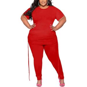 imagePINSV Womens Plus Size 2 Piece Outfits Sweatsuits Short Sleeve Jogger Sets TracksuitRed