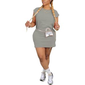 imagePINSV Womens Summer Casual T Shirt Dresses Crew Neck Short Sleeve Tunic DressGrey