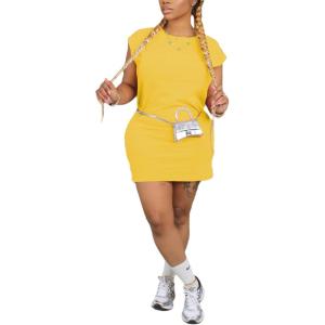 imagePINSV Womens Summer Casual T Shirt Dresses Crew Neck Short Sleeve Tunic DressYellow