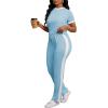 imagePINSV Womens 2 Piece Outfits Short Sleeve Tops Sweatpants Colorblock Bodycon Lounge Sets Tracksuits Light Blue M