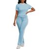 imagePINSV Womens 2 Piece Outfits Short Sleeve Tops Sweatpants Colorblock Bodycon Lounge Sets Tracksuits Light Blue M
