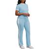 imagePINSV Womens 2 Piece Outfits Short Sleeve Tops Sweatpants Colorblock Bodycon Lounge Sets Tracksuits Light Blue M