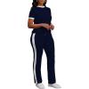 imagePINSV Womens 2 Piece Outfits Short Sleeve Tops Sweatpants Colorblock Bodycon Lounge Sets Tracksuits Navy Blue XL