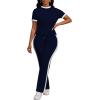 imagePINSV Womens 2 Piece Outfits Short Sleeve Tops Sweatpants Colorblock Bodycon Lounge Sets Tracksuits Navy Blue XL