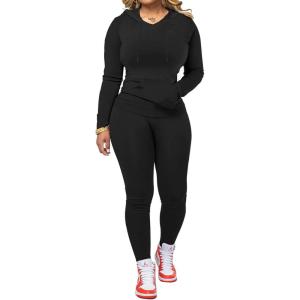 imagePINSV Two Piece Outfits For Women Matching Workout Sets Bodycon Tracksuit Long Sleeve Jogger Hoodie Sweatsuits SetBlack