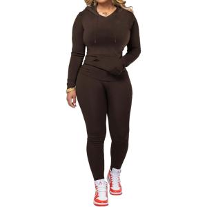 imagePINSV Two Piece Outfits For Women Matching Workout Sets Bodycon Tracksuit Long Sleeve Jogger Hoodie Sweatsuits SetBrown
