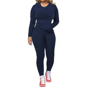 imagePINSV Two Piece Outfits For Women Matching Workout Sets Bodycon Tracksuit Long Sleeve Jogger Hoodie Sweatsuits SetDark Blue