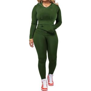 imagePINSV Two Piece Outfits For Women Matching Workout Sets Bodycon Tracksuit Long Sleeve Jogger Hoodie Sweatsuits SetDark Green
