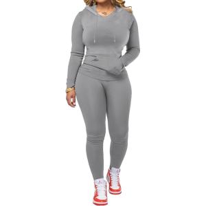 imagePINSV Two Piece Outfits For Women Matching Workout Sets Bodycon Tracksuit Long Sleeve Jogger Hoodie Sweatsuits SetGrey