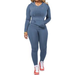 imagePINSV Two Piece Outfits For Women Matching Workout Sets Bodycon Tracksuit Long Sleeve Jogger Hoodie Sweatsuits SetGrey Blue