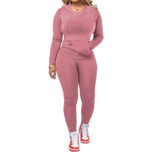imagePINSV Two Piece Outfits For Women Matching Workout Sets Bodycon Tracksuit Long Sleeve Jogger Hoodie Sweatsuits SetPink