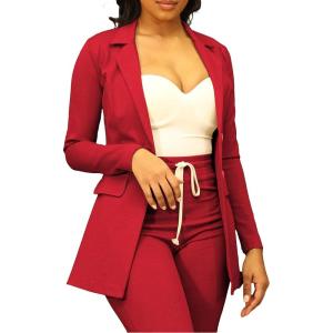 imagePINSV Women Casual Blazer Work Business Open Front Long Sleeve Suit Jacket3369 Red