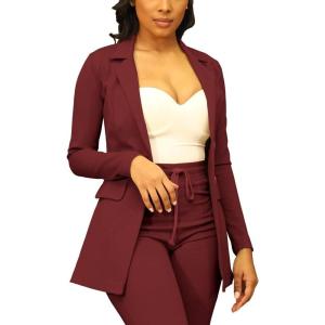 imagePINSV Women Casual Blazer Work Business Open Front Long Sleeve Suit JacketFwine Red