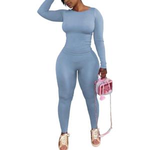imageWomens 2 Piece Outfits Track Suits Long Sleeve Top Jogger Legging Pants Workout Sets for womenGrey Blue