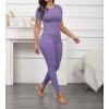 imageLounge Wear 2 Piece Outfits for Women Fitted Crew Neck Tshirt High Waist Legging pants Matching Sets Workout StreetwearPurple